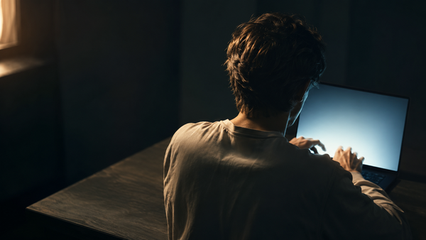 The back view of a person seated at a modern desk, focused on their laptop, warm natural window light on one side and cool screen glow on the other.