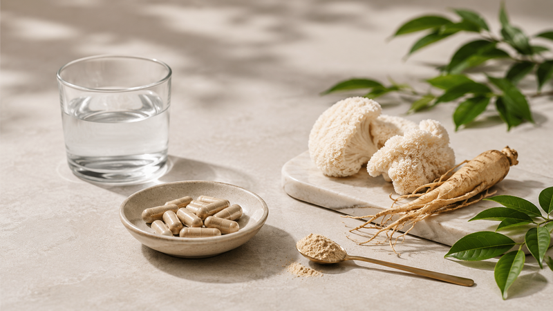 An editorial arrangement of nootropic ingredients including lion's mane and cordyceps mushrooms, capsules, powder, coffee beans, and tea leaves on a stone surface.