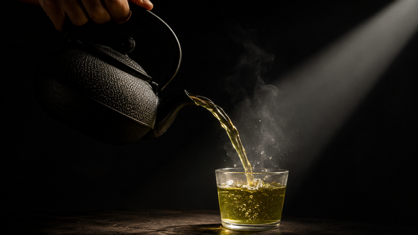 Green tea being poured beside a cup of dark coffee in warm morning light, representing the caffeine and L-theanine pairing.