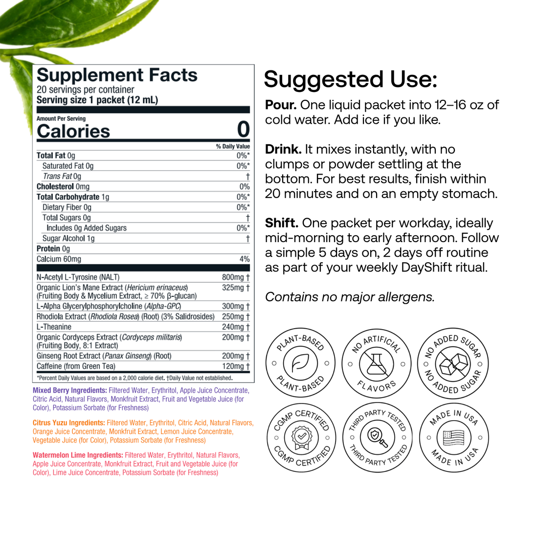 DayShift Supplement Facts: 20 servings per container, full ingredient doses, flavor ingredients, and suggested use.