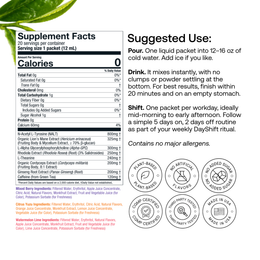 DayShift Supplement Facts: 20 servings per container, full ingredient doses, flavor ingredients, and suggested use.