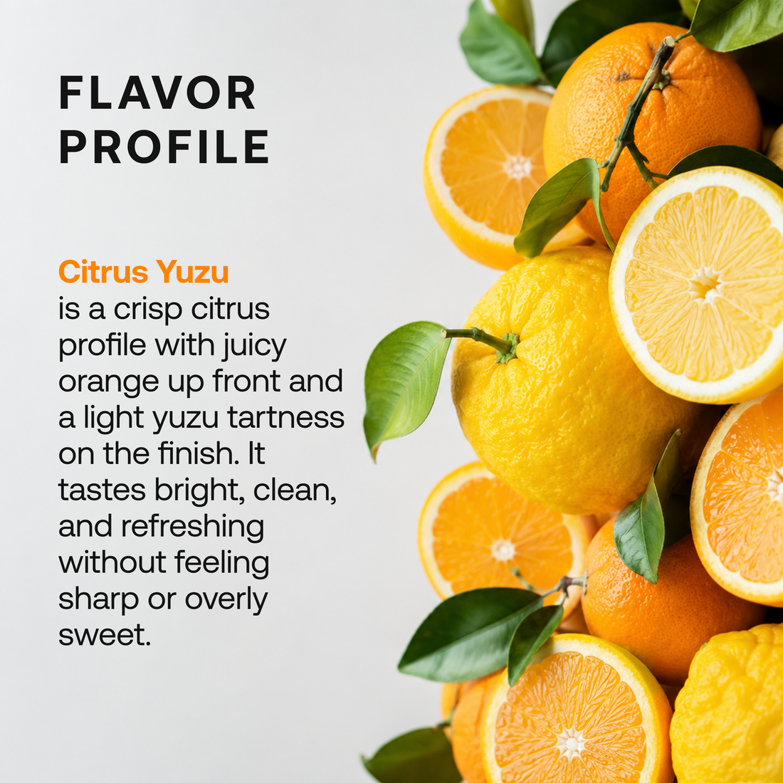 DayShift Citrus Yuzu flavor profile with fresh oranges and lemons. Bright, juicy orange with a light touch of yuzu tartness.