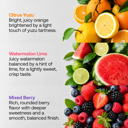 DayShift Variety Pack flavor profiles: Citrus Yuzu, Watermelon Lime, and Mixed Berry, each shown with its fresh fruit.